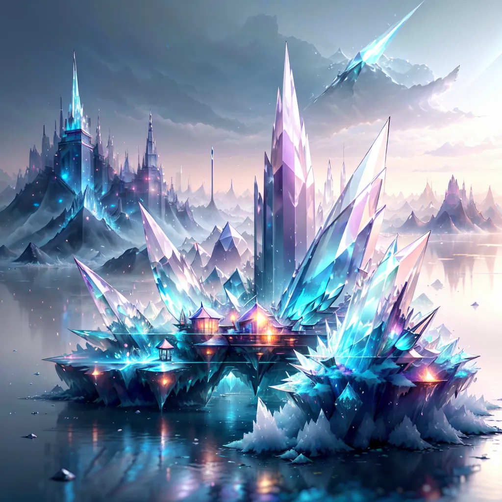 The image is a beautiful depiction of an icy wonderland. There is a frozen lake surrounded by snow-capped mountains. In the middle of the lake is an island made of ice and crystal. On the island is a castle made of ice and crystal. The castle is surrounded by trees and shrubs that are also made of ice and crystal. There is a bridge made of ice and crystal that leads from the mainland to the island. The water in the lake is a deep blue color and the sky is a light blue color. The sun is shining brightly and there are icicles hanging from the trees and the castle. The image is very peaceful and serene.