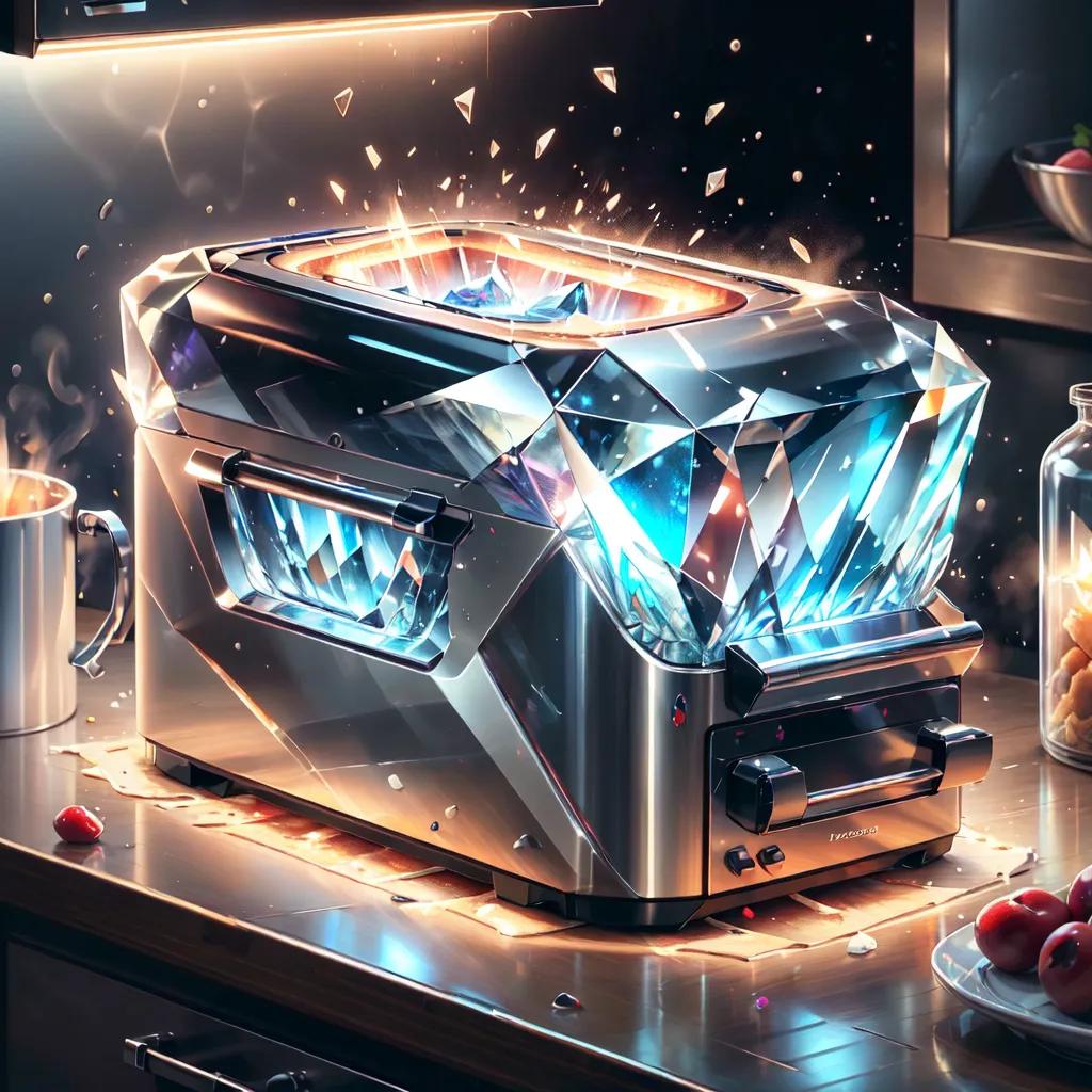 The image shows a toaster made of diamonds. The toaster is sitting on a kitchen counter. There is a cup, a plate of fruit, and a jar on the counter. The toaster is turned on and there is a bright light coming from the inside. The toaster is also smoking.