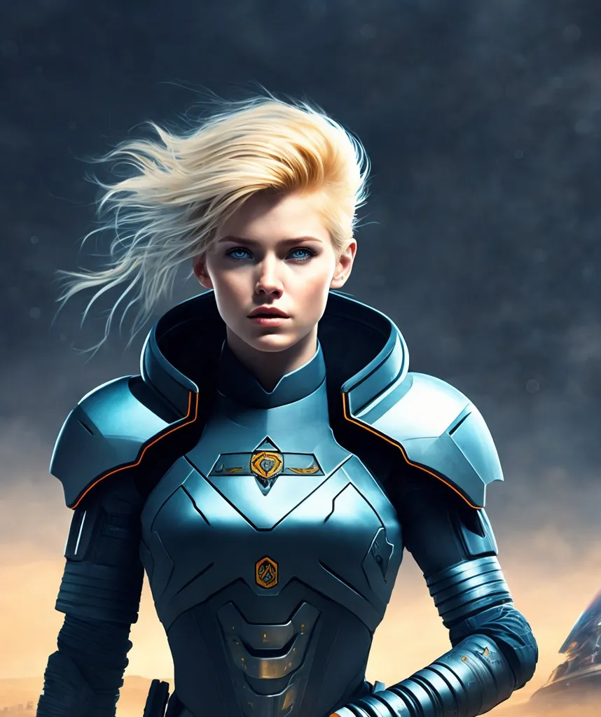 The picture shows a young woman in futuristic armor. She has short blond hair and blue eyes. She is looking at the viewer with a serious expression. She is wearing a blue and gray armor with orange details. The armor has the symbol of a lion on the chest. She is also wearing a utility belt with a few gadgets attached to it. She seems to be in a desert environment, with a canyon in the background.