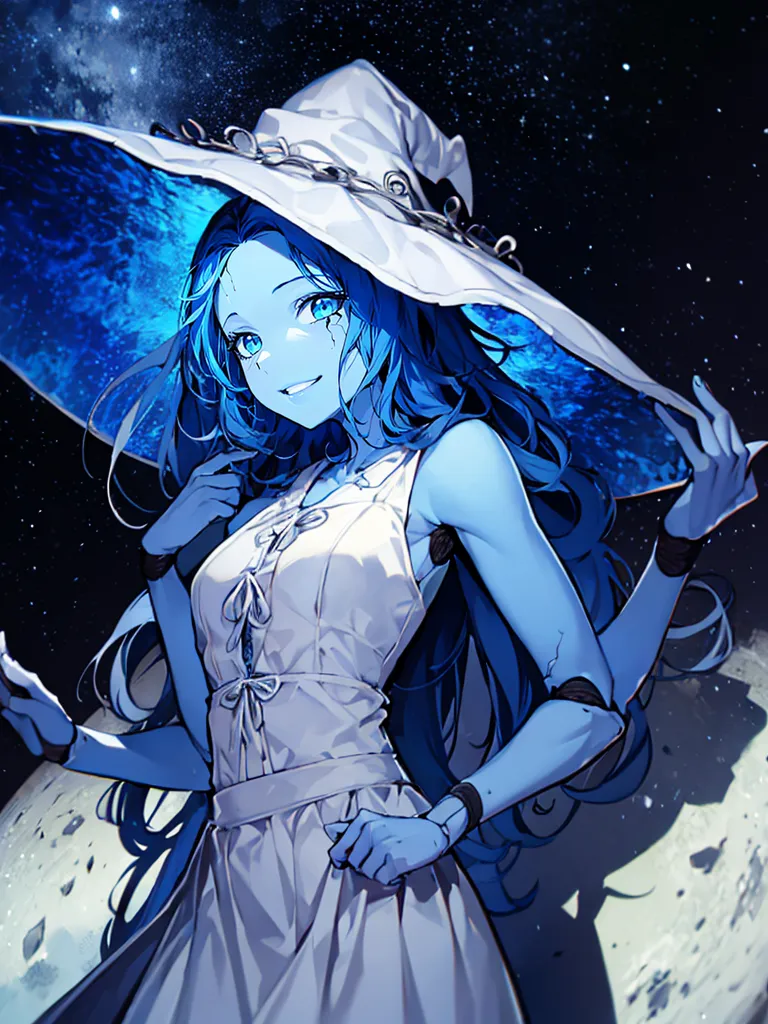 The image is of a blue-skinned woman with long blue hair. She is wearing a white dress with a blue corset. She is also wearing a large blue hat with a white band around it. She has four arms, two of which are holding the brim of her hat, one is resting on her hip, and the other is extended towards the viewer. She is standing on a crescent moon, with a starry night sky behind her. There is a planet in the background. She has a friendly smile on her face.