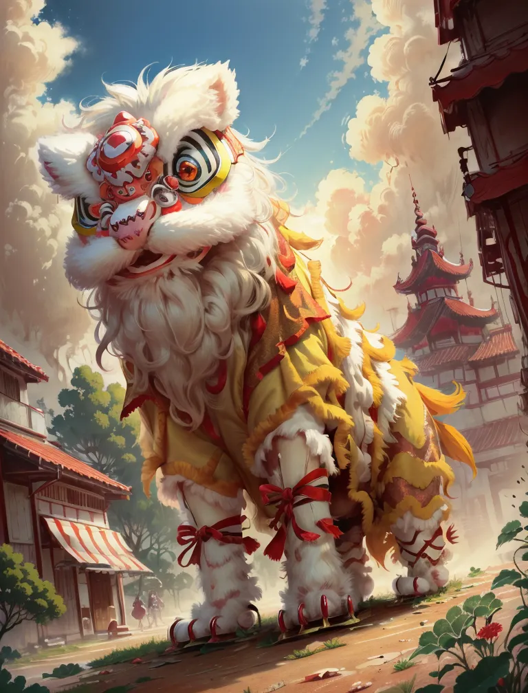 Ceci est un costume de danse du lion chinois. Il est fait de fourrure blanche et jaune, avec un couvre-chef rouge et or. Le costume est décoré de rubans rouges et dorés. Le lion se tient debout dans une rue au style chinois. Il y a quelques maisons et arbres dans la rue. Le ciel est bleu et nuageux.