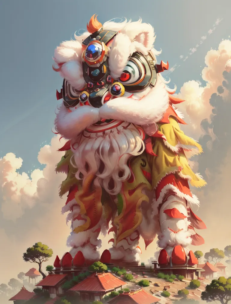 This is an image of a creature that has the head of a lion and the body of a robot. It is standing on top of a building, and there are clouds and mountains in the background. The lion-robot has white, yellow, and red fur, and its eyes are red. It is wearing a golden crown and has a golden bell hanging from its neck.