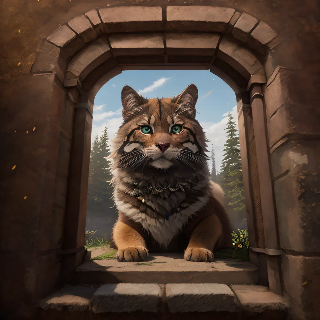 The image is of a large cat sitting in a stone doorway. The cat has brown fur with white and black stripes and blue eyes. It is wearing a necklace with a large tooth in the center. The doorway is made of large, rough-cut stones and has a rounded top. The cat is sitting on the threshold of the doorway, with its paws resting in front of it. The background is a forest with tall, green trees.