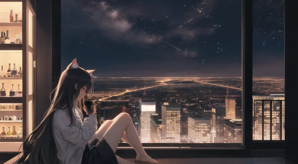 La imagen es una pintura digital de una chica sentada en un alféizar de ventana, mirando hacia afuera a un paisaje urbano por la noche. La chica tiene el cabello negro largo y orejas de gato, y lleva una camisa blanca y pantalones cortos negros. Está sosteniendo una taza de café en las manos. La ciudad se encuentra a lo lejos y se representa como un mar de luces. El cielo está oscuro y está lleno de estrellas. La pintura está hecha en un estilo realista y los colores son vibrantes y saturados. El estado de ánimo general de la pintura es pacífico y sereno.