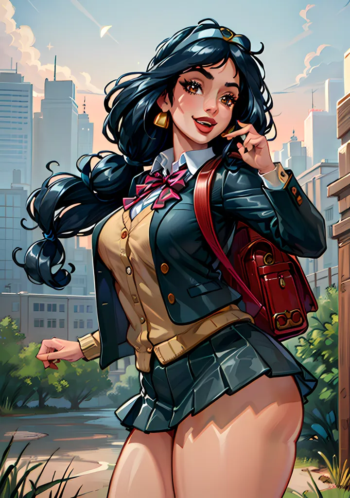 The image is a pinup style drawing of a young woman. She is depicted with long black hair, brown eyes, and a curvy figure. She is wearing a white blouse, a black blazer, a pleated skirt, and a red bow tie. She is also carrying a red bookbag. The background of the image is a cityscape with tall buildings and a blue sky. The woman is standing in the foreground, and she is looking at the viewer with a smile on her face.