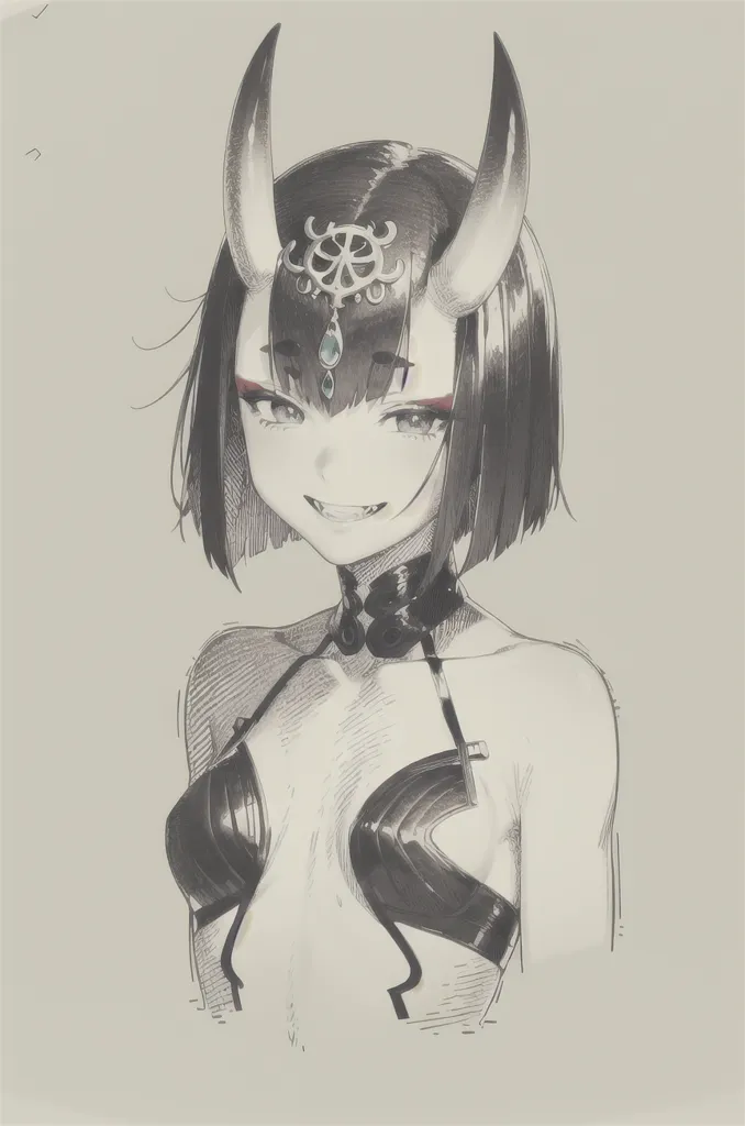 The image is a sketch of a young woman with short black hair and red eyes. She has horns on her head and is wearing a bikini top. The image is drawn in a realistic style and the woman has a happy expression on her face.