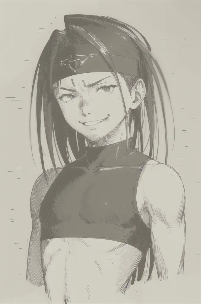 The image is a black and white sketch of a man with long black hair and a muscular build. He is wearing a black tank top and has a headband with a metal plate on his forehead. He has a confident smirk on his face and is looking at the viewer with his left eye. The background is a light gray color.