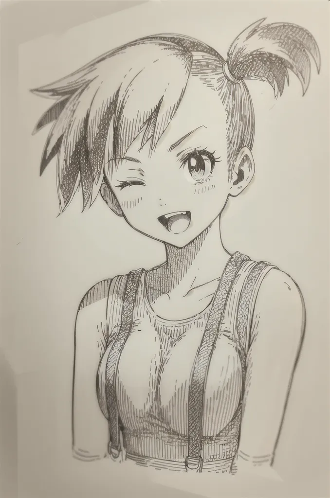 The image is a sketch of a young girl with short hair and a ponytail. She is smiling and has one eye closed. She is wearing a tank top and has a strap over her shoulder. The image is drawn in black and white and has a light, sketchy style.