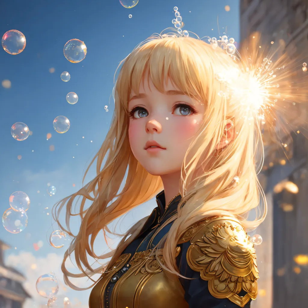 L'image est une peinture d'une jeune femme aux longs cheveux blonds et aux yeux bleus. Elle porte une cuirasse dorée et une jupe bleue. Elle se tient devant un bâtiment de pierre. Des bulles flottent autour de sa tête et une lumière vive brille derrière elle. La peinture est réalisée dans un style réaliste et les couleurs sont vives et réalistes.