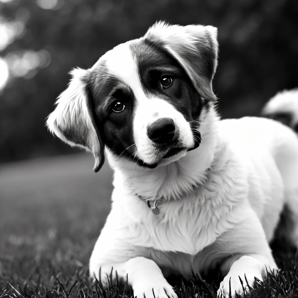 犬の白黒写真が、カメラを見上げ、頭を横に傾げている。犬の耳と目の周りは黒い毛で、その他の毛は白い。草の上に座っており、首輪をつけている。背景はぼやけている。