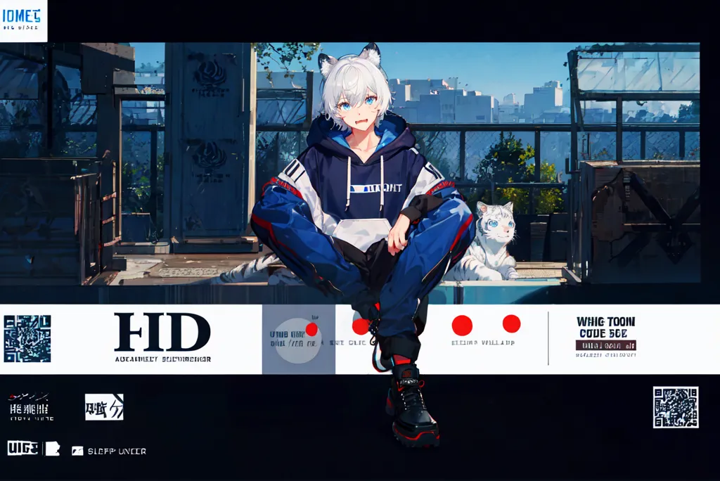 This is an anime-style illustration of a young man with white hair and blue eyes. He is wearing a black and white tracksuit with a blue and white striped collar. He is also wearing a pair of black and white sneakers. He is sitting on a railing in front of a city skyline. There is a white cat sitting on his right shoulder. The background is a blurred cityscape with a few buildings in focus.