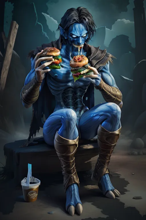 The image shows a blue-skinned demon sitting on a rock in a dark, ruined city. The demon is wearing a black loincloth and has long, sharp claws. It is holding two burgers in its hands and is about to take a bite of one. There is a cup on the ground next to it. The demon's eyes are glowing red and it has a sinister smile on its face.