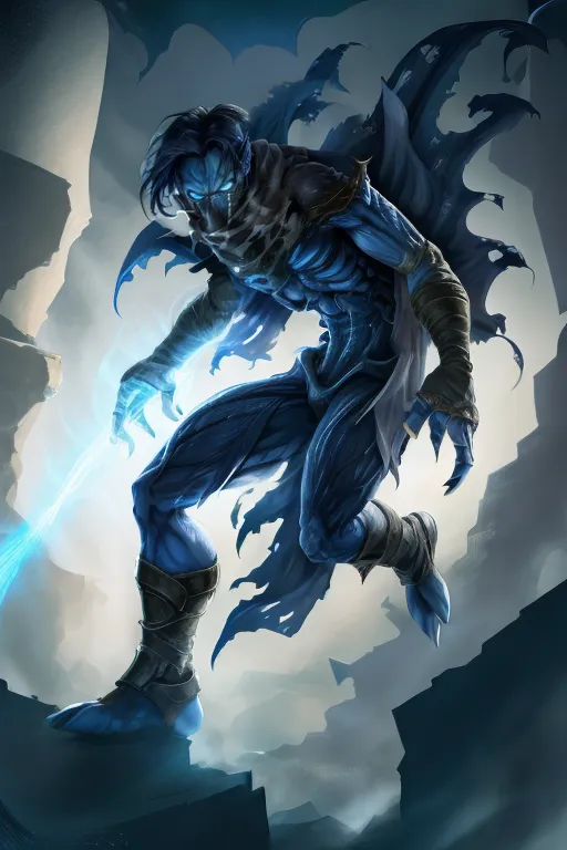 The image shows a blue creature with dark hair. He is wearing a tattered cloak and boots. His face is mostly obscured by a mask, but his glowing blue eyes are visible. He is standing on a rock in a dark cave. There are stone pillars and stalactites in the background.