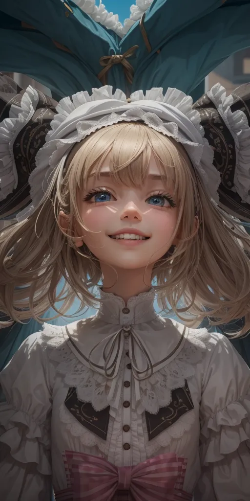 La imagen es una pintura digital de una niña joven con el cabello rubio largo y ojos azules. Lleva un vestido blanco con una cinta rosa y un tocado blanco. La niña tiene una sonrisa suave en su rostro y mira al espectador. El fondo es un paisaje urbano borroso con un cielo azul.