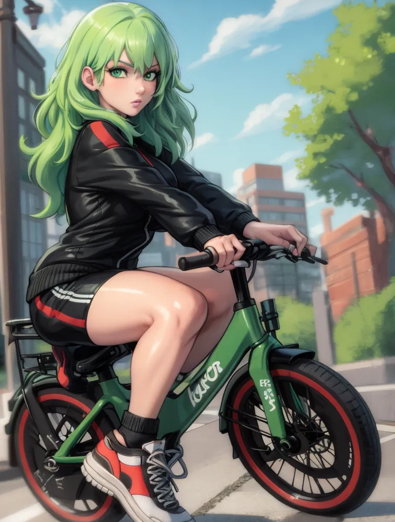 A imagem retrata uma jovem mulher com cabelo verde montando uma bicicleta. Ela está usando um casaco preto, shorts brancos e tênis vermelho e branco. A bicicleta é verde e preta. A mulher tem uma expressão séria no rosto. Ela está pedalando em uma rua da cidade com edifícios e árvores ao fundo.