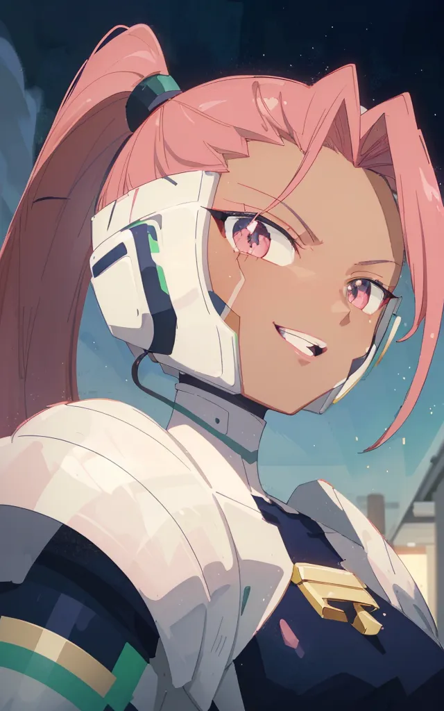 The image is a portrait of a young woman with pink hair and brown skin. She is wearing a white and green bodysuit with a high collar and a visor over her eyes. The image is drawn in a semi-realistic style and the woman's expression is confident and determined.