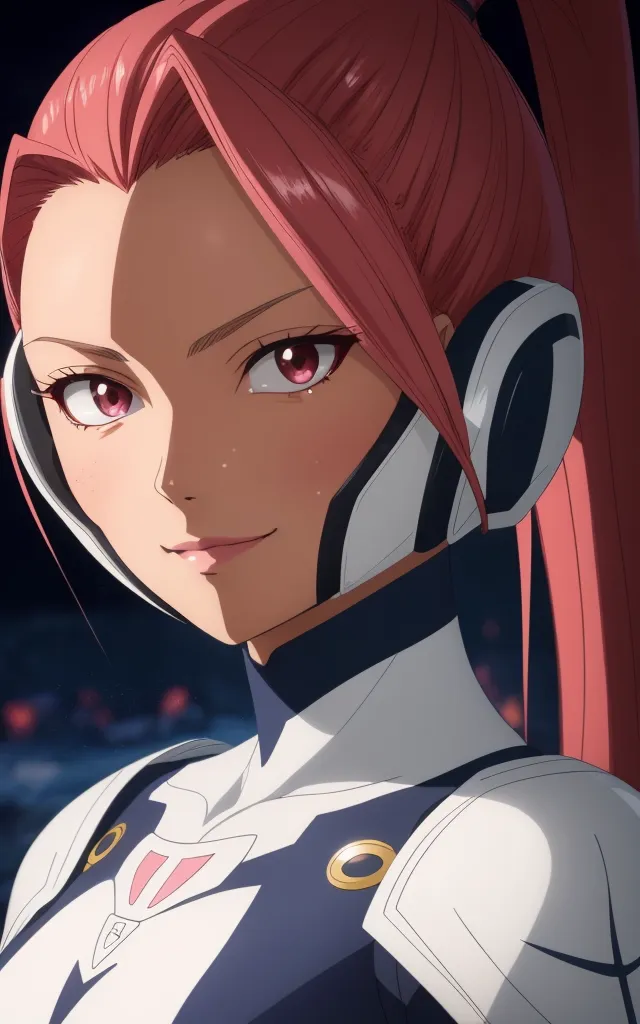 This is an image of a young woman with pink hair and red eyes. She is wearing a white and blue bodysuit with a high collar and a large white headphone-like device over her ears. She has a confident smile on her face and is looking at the viewer. The background is dark with a few out of focus lights in the distance.