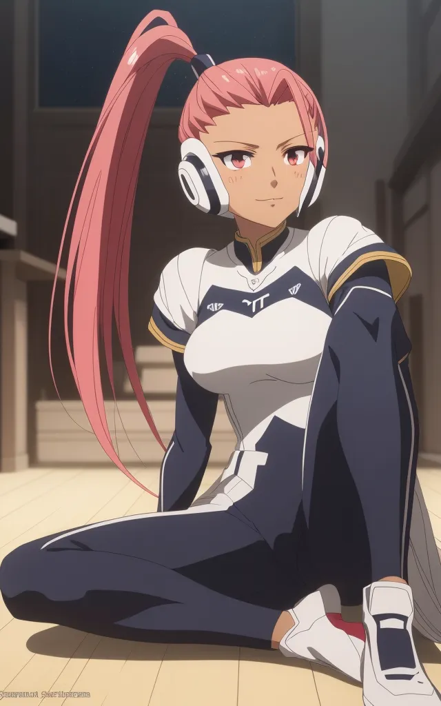 The image shows a young woman with pink hair and brown eyes. She is wearing a white and gray tracksuit with a pink and white headphone. She is sitting on the floor with her right leg crossed over her left. She has a confident expression on her face.