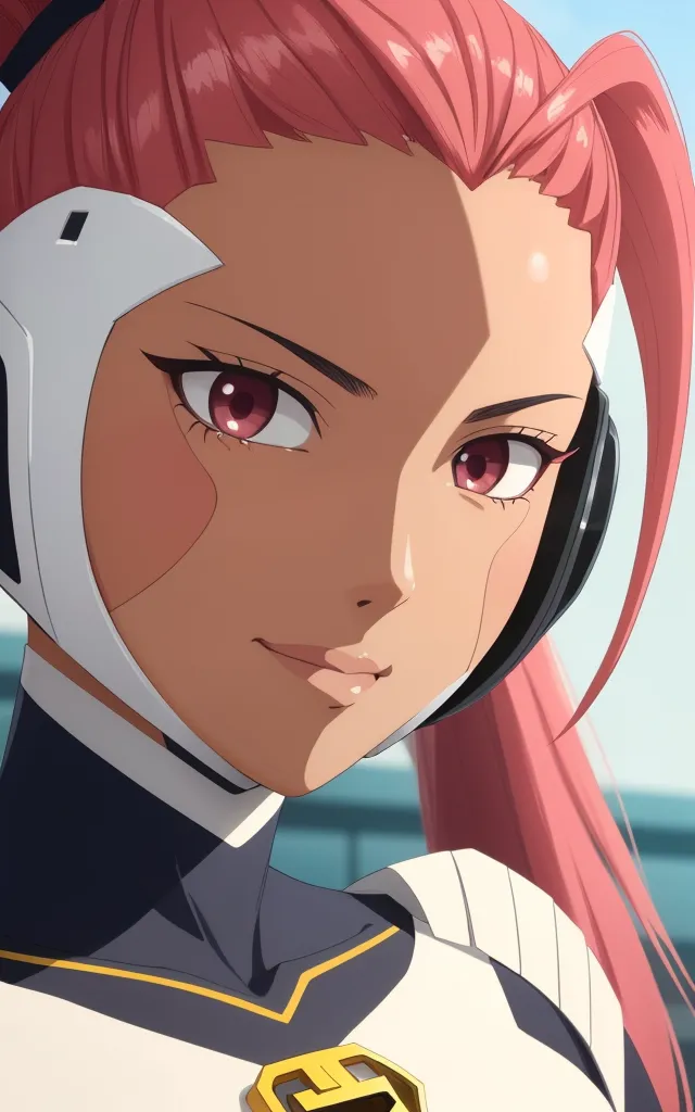 This is an image of a young woman with pink hair and red eyes. She is wearing a white and black suit with a yellow collar. She has a confident smile on her face.