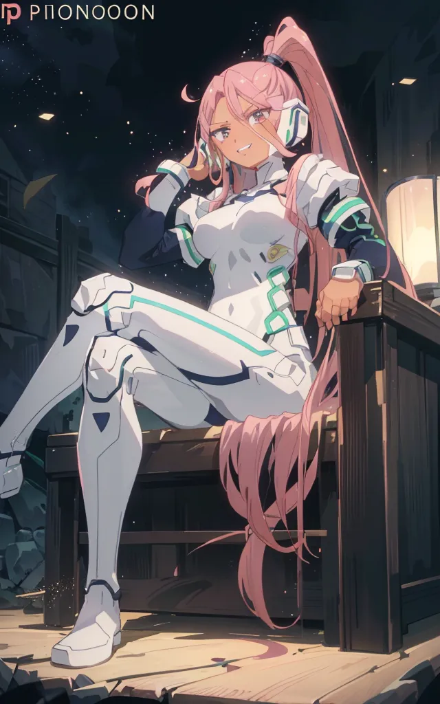 This is an image of a female anime character sitting on a wooden railing. She is wearing a white and light blue bodysuit with armor plating on her arms and legs. She has long pink hair and purple eyes. She is also wearing a pair of headphones. The background is a dark night sky with some ruins in the distance.