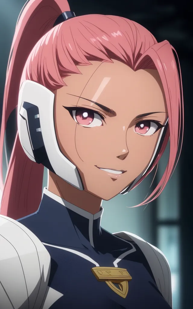 The image is a portrait of a young woman with pink hair and brown skin. She is wearing a futuristic suit of armor and has a confident smile on her face. She is looking at the viewer with her head tilted slightly to the right. Her hair is in a ponytail and she has a small device attached to her right ear. The background is out of focus and is a dark color.