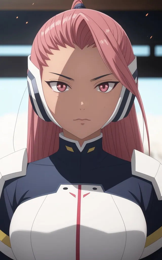 The image shows a young woman with pink hair and red eyes. She is wearing a white and blue uniform with a red scarf. She has a serious expression on her face. There are flames in the background.