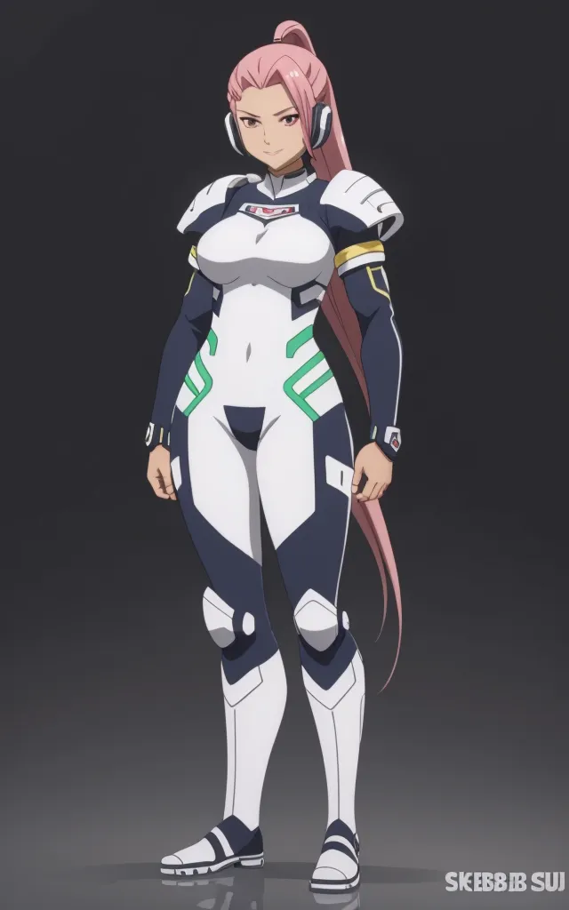 The image shows a woman in a white and black bodysuit with green markings. She has long pink hair and brown eyes. She is standing with her feet shoulder-width apart and her hands at her sides. She has a confident expression on her face.