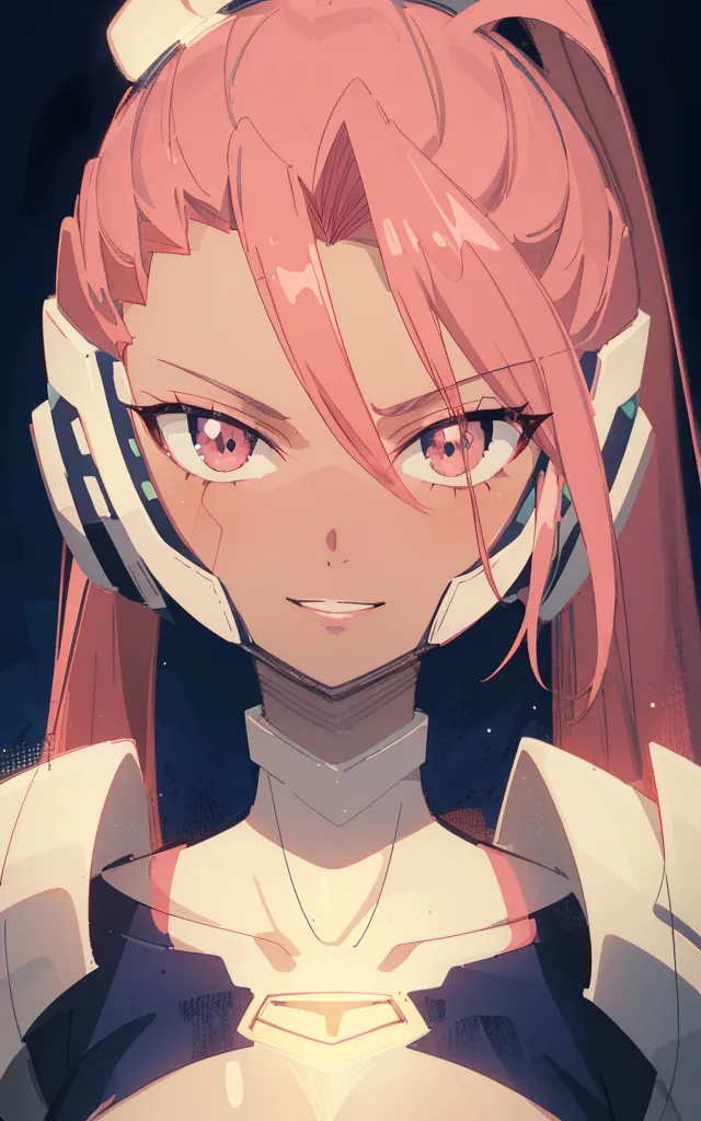 The image is an illustration of a female character with pink hair and eyes. She is wearing a white and pink bodysuit with a yellow gem in the center. She has a confident smile on her face. The background is dark with a few white lines. The image is drawn in a realistic style and the colors are vibrant.