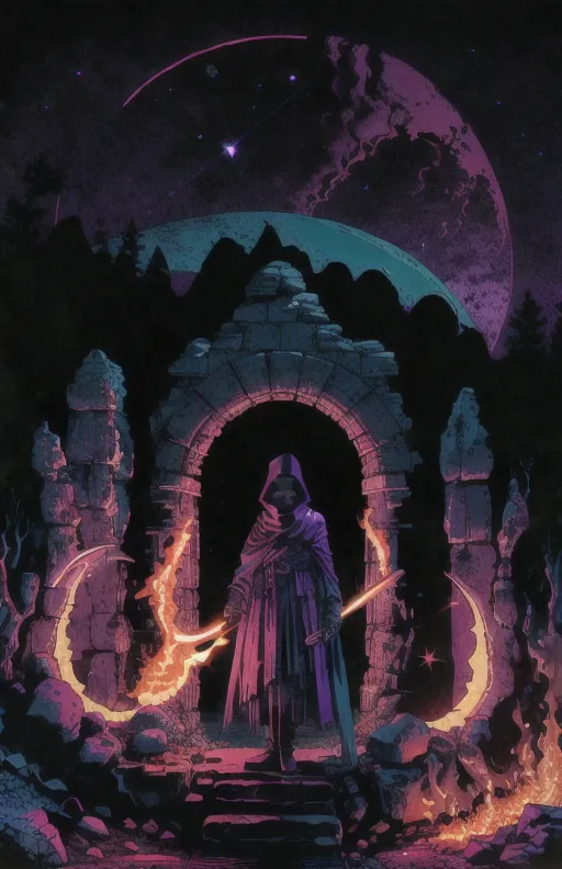 The image is a dark fantasy illustration of a figure standing in a ruined archway. The figure is wearing a dark cloak and hood and is holding a pair of curved swords. The archway is flanked by two large, crescent-shaped stones, and there are skulls and other bones scattered on the ground. In the background, there is a large moon and a starry sky. The image is bathed in a purple light, which gives it a mysterious and eerie atmosphere.