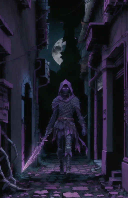 The image is a dark and moody illustration of a figure walking down a street in a medieval city. The figure is wearing a black cloak and a hood, and they are carrying a sword. The street is lit by a single moon, and the only other light comes from the few windows that are still lit. The figure's face is obscured by the hood, but they look to be of average height and build. They are walking quickly, and they seem to be in a hurry. The image is full of mystery and intrigue, and it leaves the viewer wondering who the figure is and what they are doing.