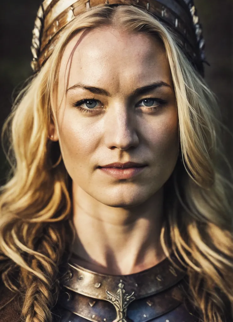 This image shows a young woman, with long blond hair, wearing a metal circlet with two curved protrusions on her head. She is wearing a chainmail shirt, with a decorative metal piece in the center. She has blue eyes and a beauty mark on her right cheek. She is looking at the camera with a serious expression.