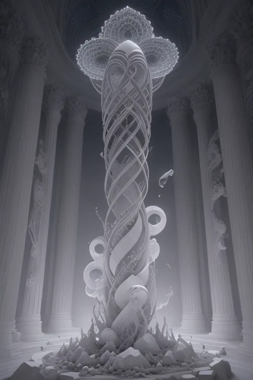 The image is in black and white. It shows a large, white column in the center of a room. The column is made of many small, interconnected pieces and has a spiral shape. The column is surrounded by tall, white columns with ornate decorations. The room is dark and shadowy.