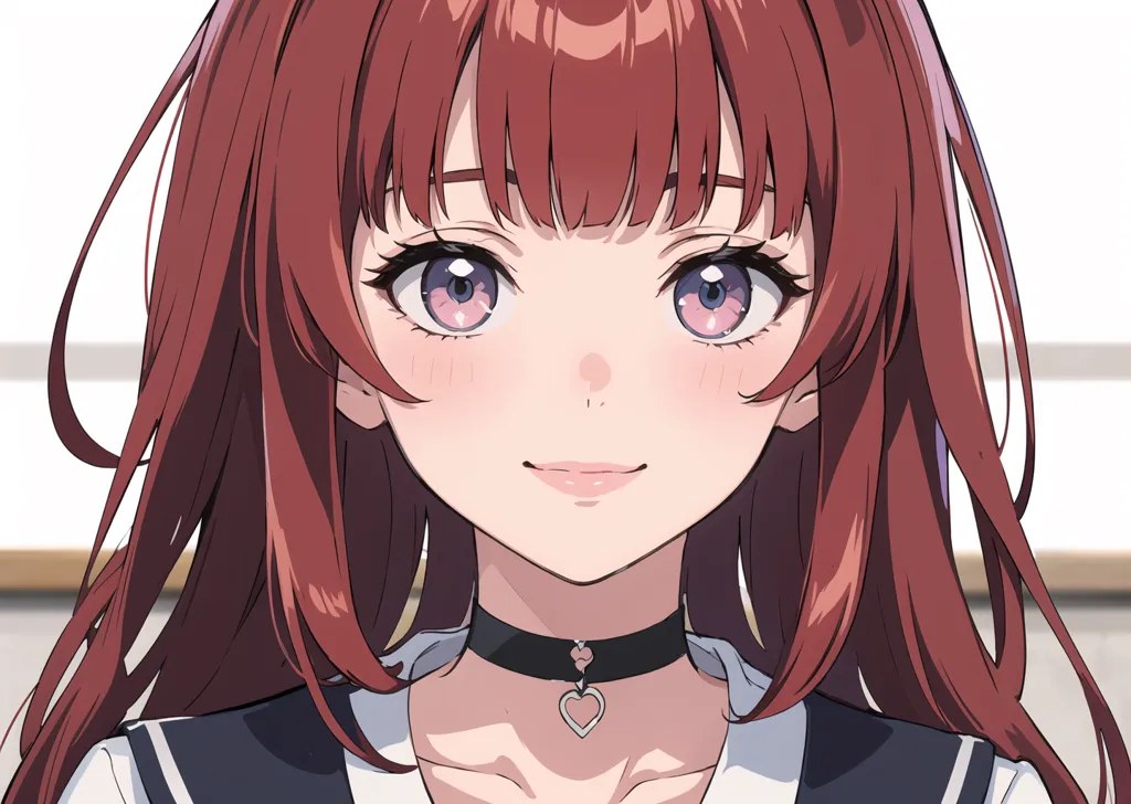 This is an image of a young girl with long red hair and purple eyes. She is wearing a white shirt and a black choker with a heart-shaped pendant. The girl has a gentle smile on her face and is looking at the viewer with her head tilted slightly to the right. Her hair is flowing down her shoulders and chest, and she has a small ahoge sticking up from the top of her head. The background is a blurred white, with a few light-colored lines indicating a wall or other structure behind her.