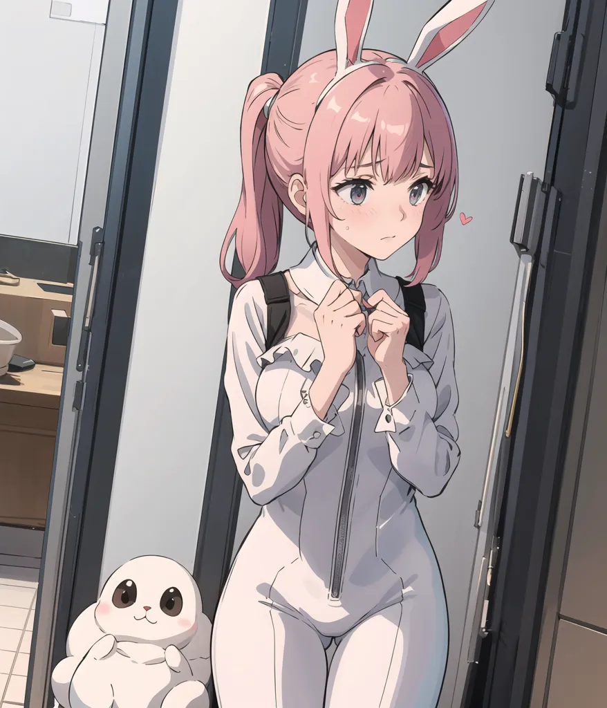 The image is of a young woman with pink hair and rabbit ears. She is wearing a white jumpsuit with a zipper in the front. She is standing in front of a mirror, and there is a small white creature sitting on the floor beside her. The woman is looking at her reflection in the mirror and appears to be checking her appearance. The image is drawn in an anime style.