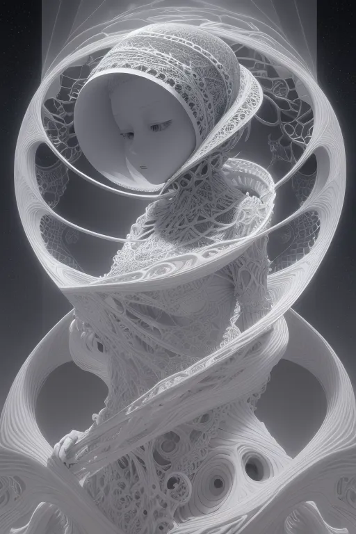 The image is a black and white 3D rendering of a woman. She is wearing a headdress that covers her head and neck. The headdress is made of a series of interlocking rings. The woman's eyes are open and she is looking down. Her face is expressionless. The woman's body is covered in a series of intricate patterns. The patterns are made of interlocking rings and other shapes. The woman's body is also covered in a series of small holes. The holes are arranged in a regular pattern. The image is set against a black background.