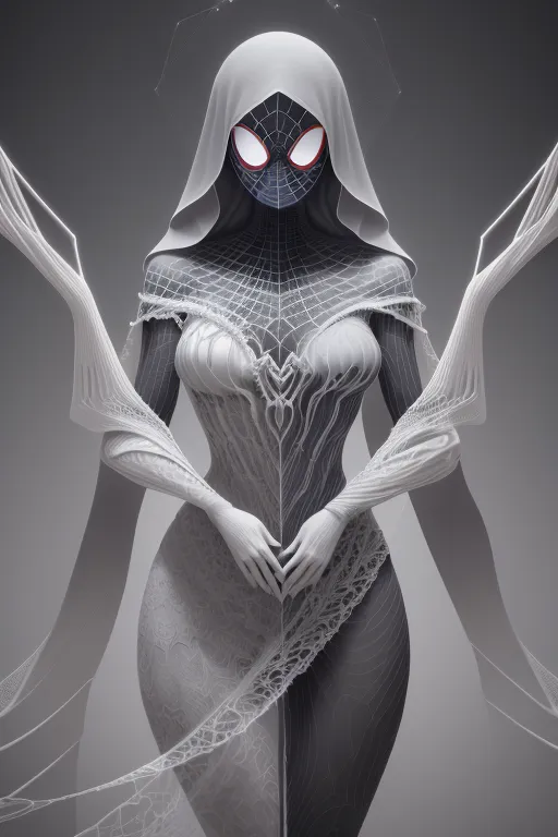 La imagen es de una mujer que lleva un traje de Spider-Man blanco y negro con un velo blanco sobre la cabeza y la cara. El traje tiene un patrón de telaraña y el símbolo de la araña en el pecho es rojo. La mujer está de pie con las manos juntas frente a ella y los ojos cerrados. El fondo es de un gris claro.