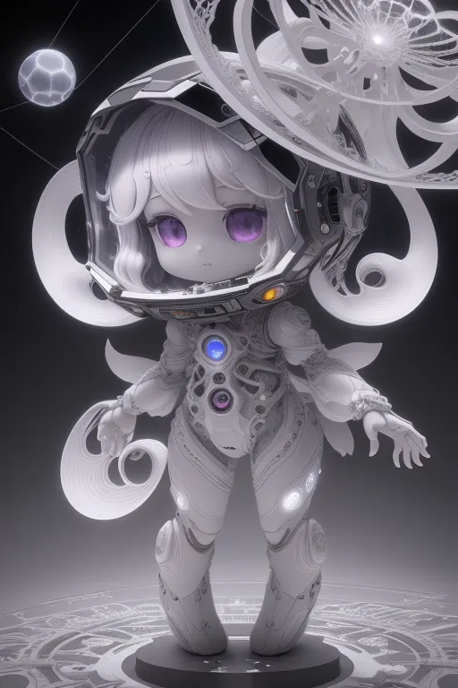 The image is a 3D rendering of a chibi-style character. She has white hair and purple eyes, and is wearing a white spacesuit with a clear bubble helmet. The spacesuit has a lot of detail, with various panels and lights. She is standing on a platform that has a glowing blue circle on it. There is a planet and some stars in the background. The image is rendered in a realistic style, and the character looks very cute and realistic.