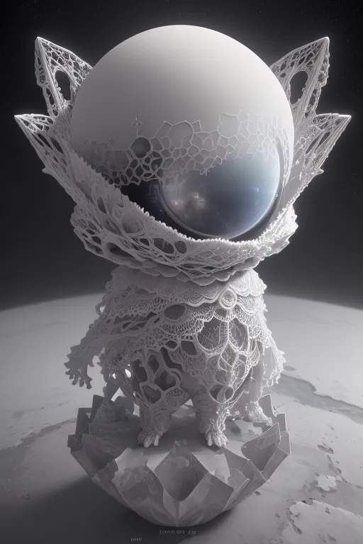 The image is a 3D rendering of a white alien creature. It has a large head with a blue eye in the center. Its body is covered in intricate lace-like patterns and it has four legs. The creature is standing on a pedestal made of the same material as its body. The background is a dark, starry sky.