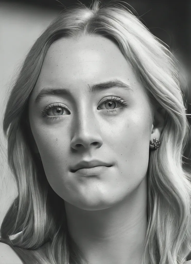 The image is a black-and-white portrait of a young woman with long, wavy hair. She is looking at the camera with a serious expression. The image is cropped close to her face, and her eyes are the main focus. The woman has fair skin and freckles on her cheeks. Her hair is parted in the middle and it is falling over her shoulders. She is wearing a simple dress with a square neckline. The background is a blur of light and dark colors.