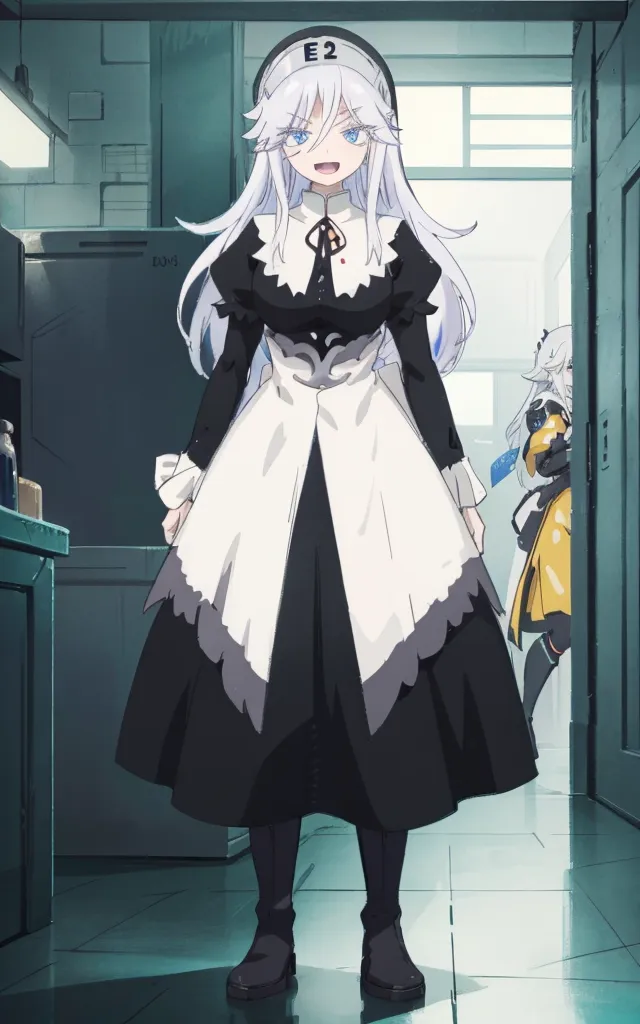 The image is of a girl with long white hair and red eyes. She is wearing a black and white maid outfit with a long skirt and a white apron. She is standing in a kitchen, and there is another girl in the background. The girl in the foreground is smiling, and she has a gentle expression on her face. She is holding a teacup in her hands. The girl in the background is wearing a yellow jacket and has short brown hair. She is looking at the girl in the foreground with a surprised expression on her face.