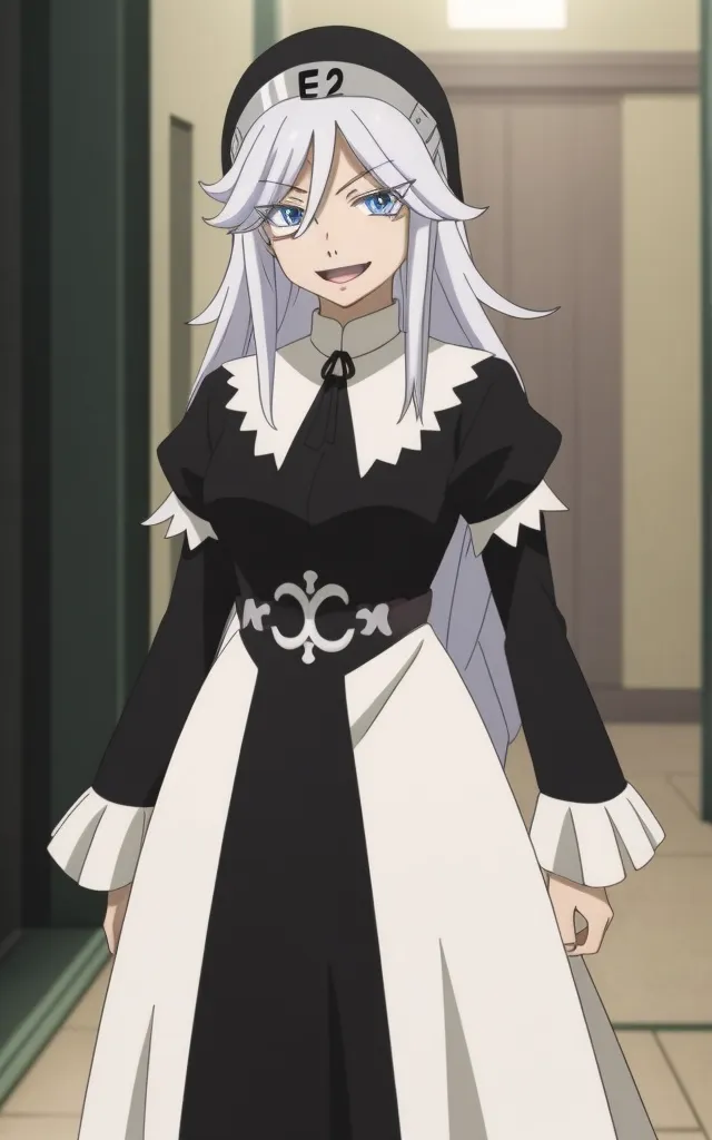 The image shows a young woman with long white hair and blue eyes. She is wearing a black and white nun's habit with a white wimple and a black veil. The habit has a large cross on the front. She has a friendly smile on her face.