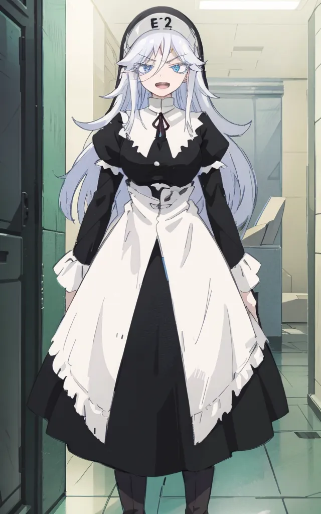 The image depicts a young woman with long white hair and blue eyes. She is wearing a black and white maid outfit with a long skirt and a headdress. The outfit has white cuffs and a white collar. She is standing in a futuristic hallway, looking at the viewer with an irritated expression on her face.