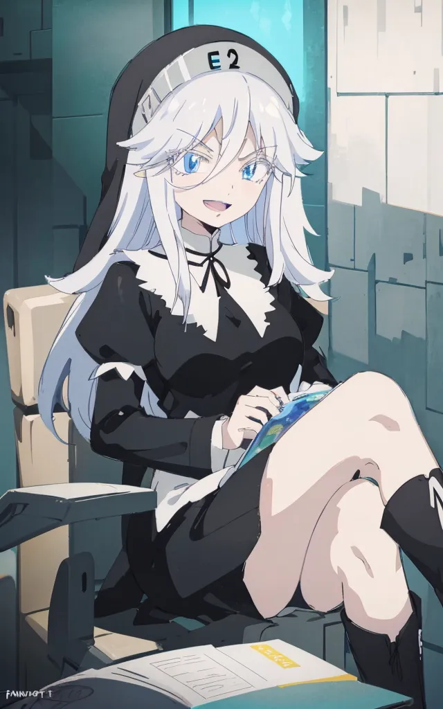 The image is of a young woman with long white hair and blue eyes. She is wearing a black nun's habit with a white collar. She is sitting in a chair with her legs crossed and is smiling. She has a book open in her lap and is holding a pen in her right hand. The background is a blurred light blue color.