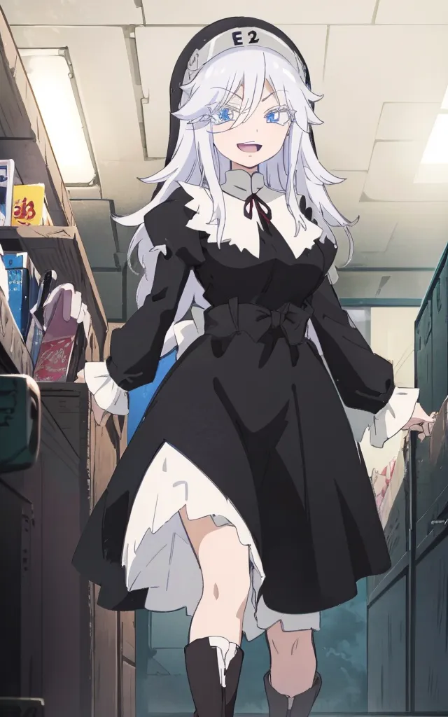 The image shows a young woman with long white hair and blue eyes. She is wearing a black nun's habit with a white collar and a white veil. The habit is trimmed with red ribbon. She is also wearing black boots. She has a happy expression on her face and is opening a door.