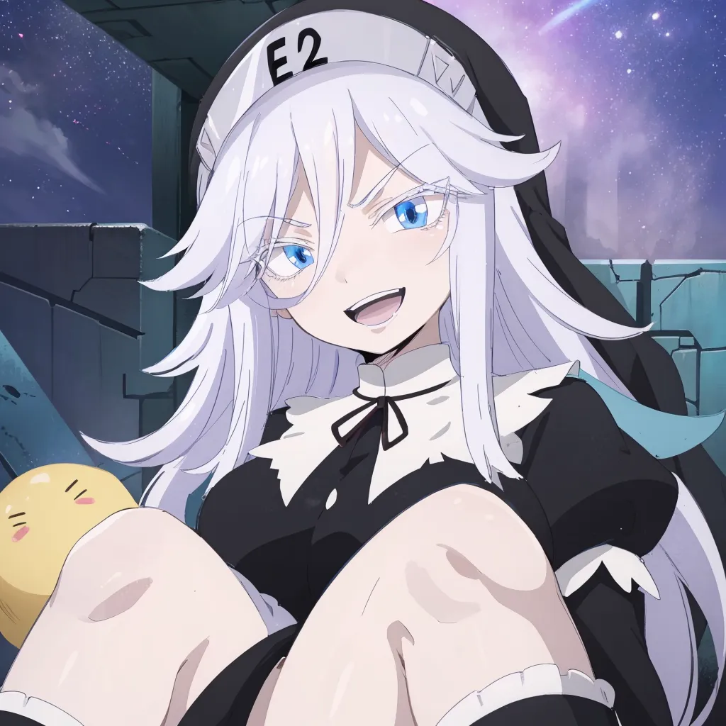 The image shows a young woman with long white hair and blue eyes. She is wearing a black nun's habit with a white collar. There is a yellow creature with a surprised expression on its face sitting on her lap. She has a twisted smile on her face. She is sitting on a stone wall with a starry night sky behind her.