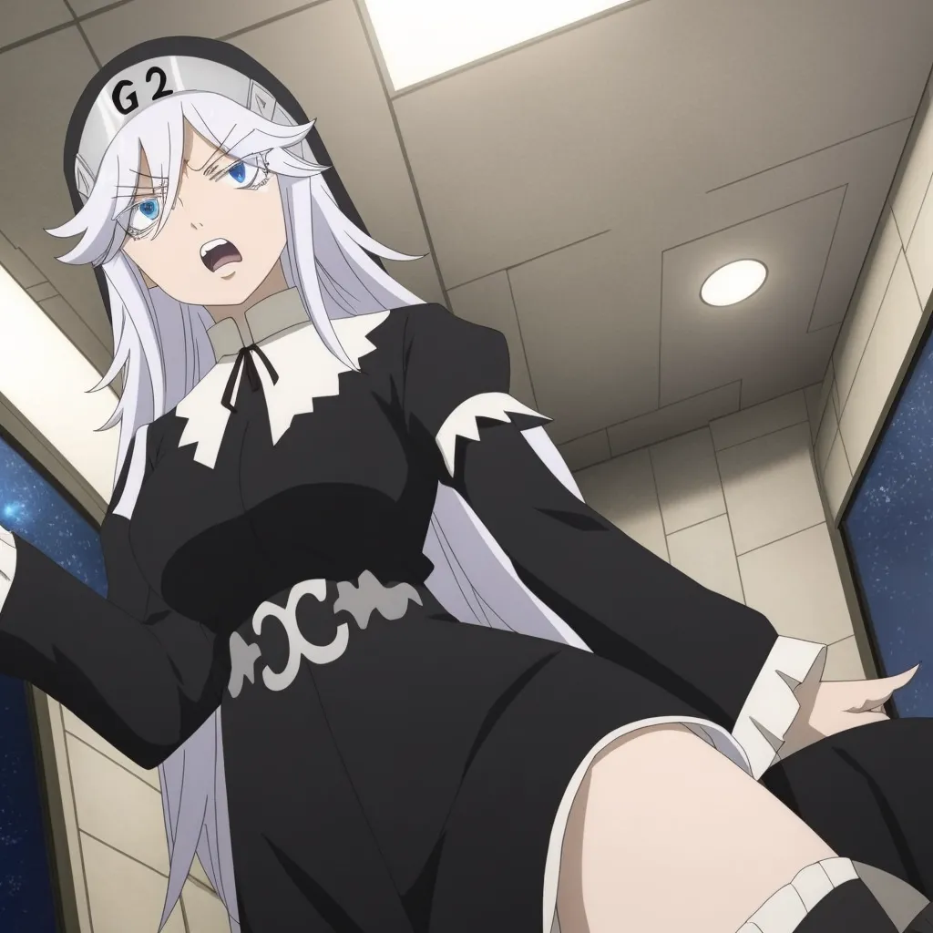 The image shows a nun with long white hair and blue eyes. She is wearing a black nun's habit with a white collar. The habit has a "G2" patch on the left shoulder. She is standing in a hallway with a surprised expression on her face.