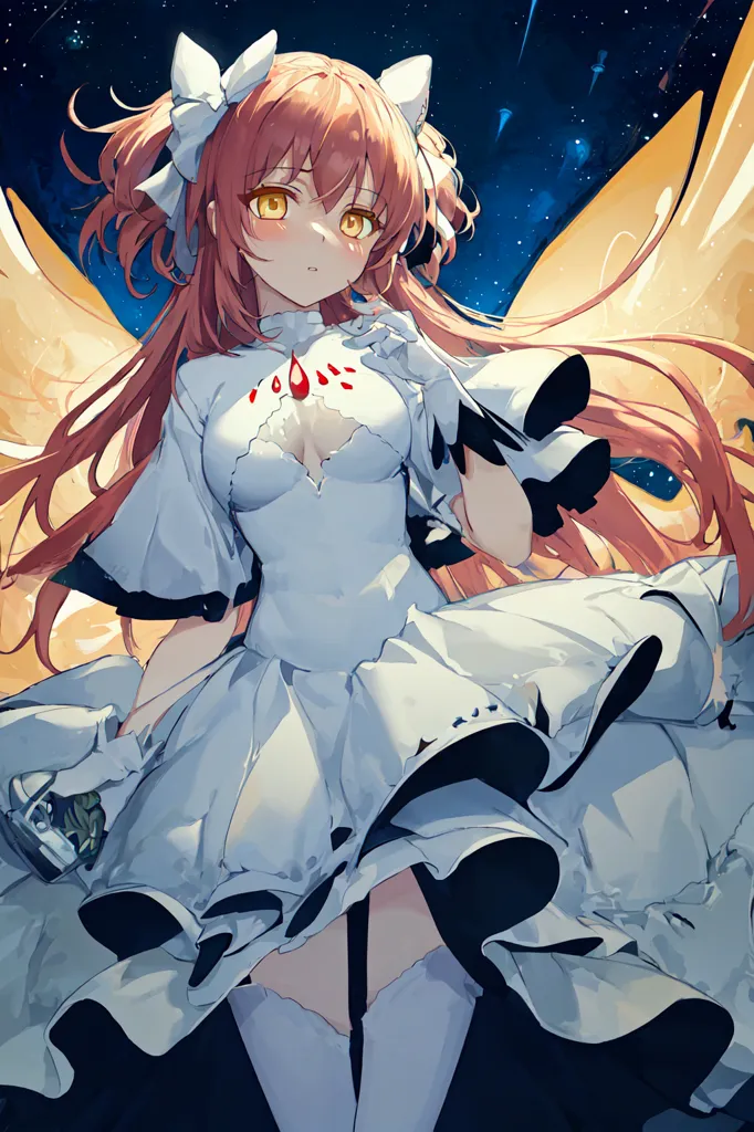 The image is of a young woman with long red hair and yellow eyes. She is wearing a white dress with a large red ribbon on her chest. She has a serious expression on her face and is looking at the viewer. She has what appears to be angel wings made of gold. There are stars in the background of the image.