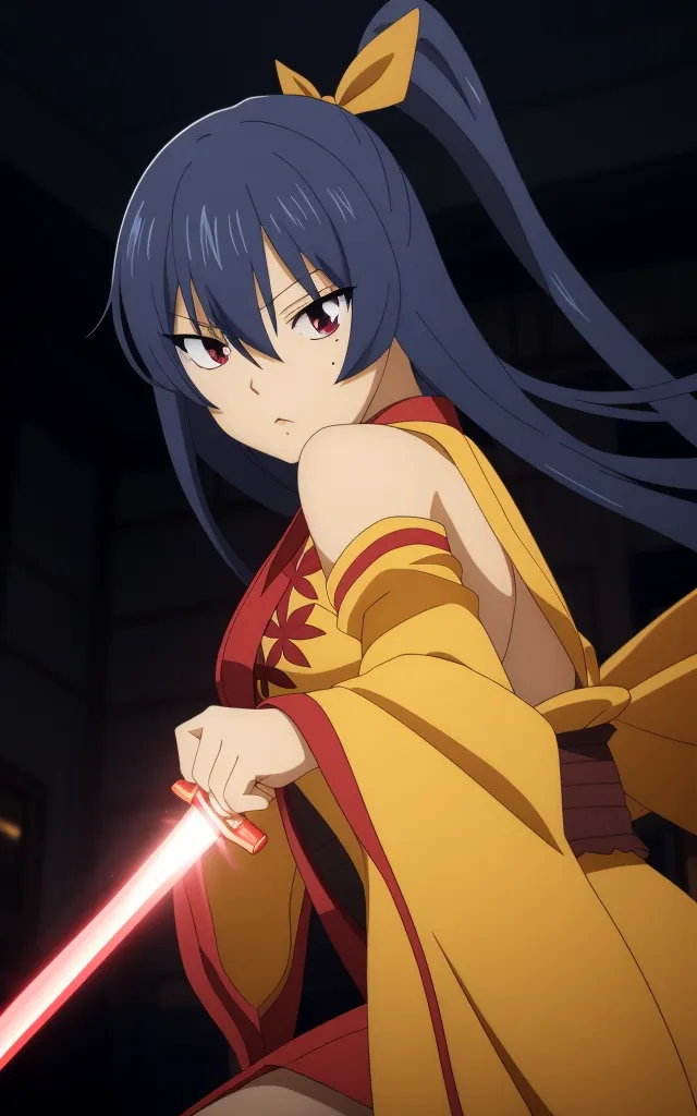 The picture shows a young woman in a yellow kimono with a red obi. She has long blue hair tied in a ponytail and red eyes. She is holding a red sword in her right hand. She is standing in a dark room, with only a single light source illuminating her from the left.