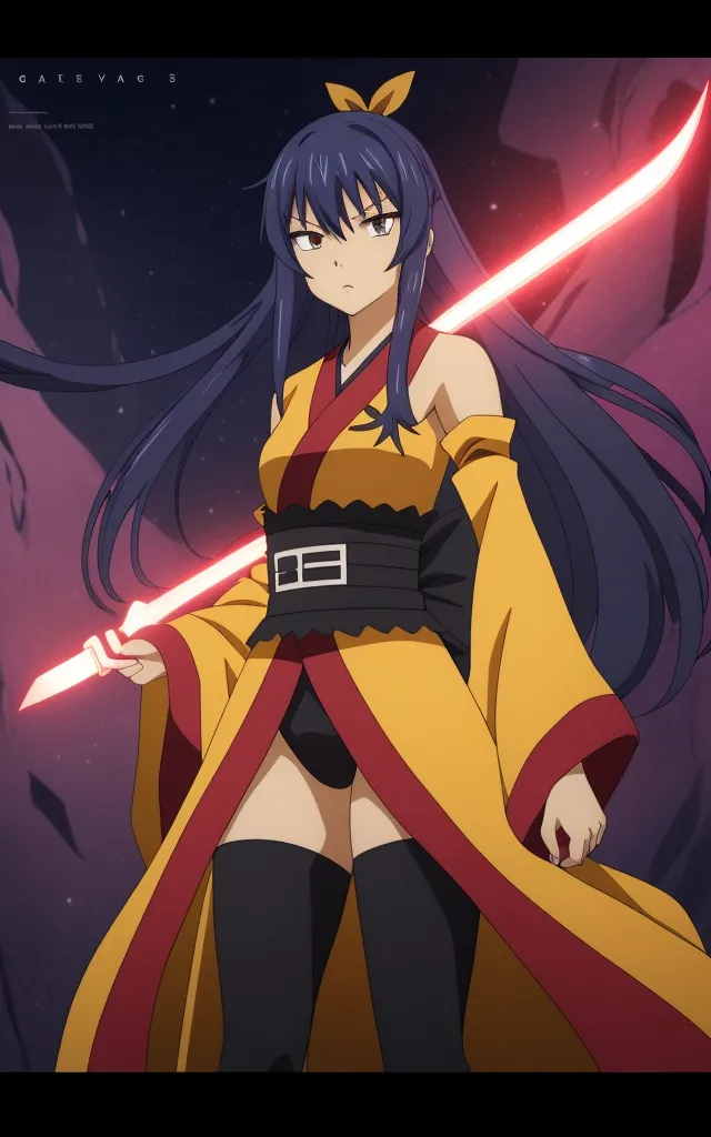 The image shows a young woman with long black hair and yellow eyes. She is wearing a yellow and red kimono-style outfit and a black obi sash. She is also wearing black boots and has a red ribbon in her hair. She is standing in a dark, rocky place and is holding a glowing red sword in her right hand. She has a serious expression on her face.