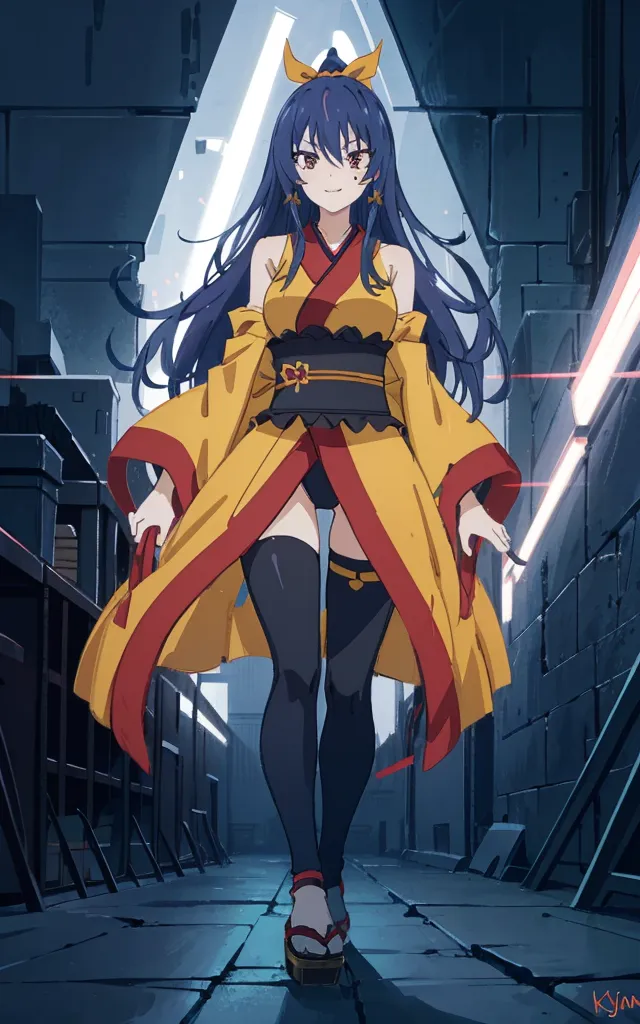 Esta es una imagen de una chica con estilo anime de cabello azul largo. Lleva un kimono amarillo con un fajín rojo y un obi negro. También lleva medias negras y sandalias geta. Tiene una expresión seria en su rostro y camina hacia el espectador en un callejón estrecho con rayos láser rojos a ambos lados.